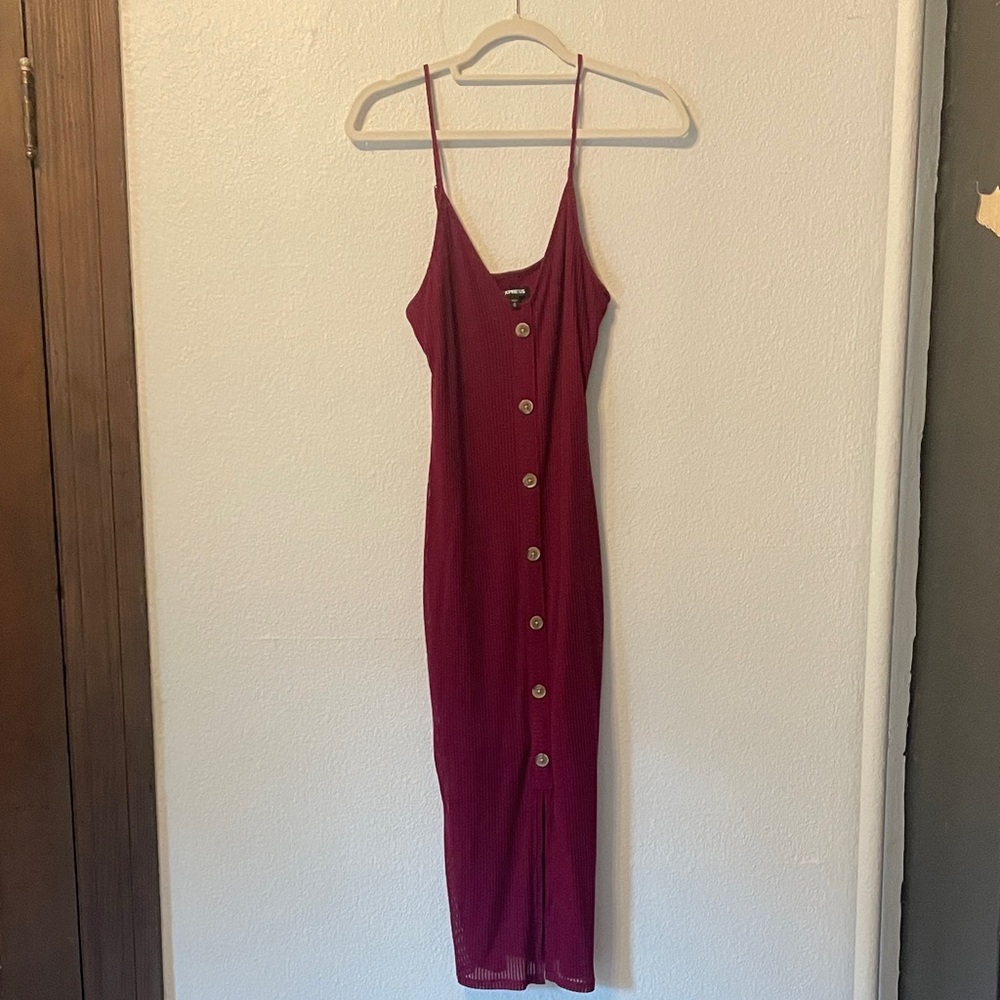Express Burgundy Ribbed Button-Front Midi Dress